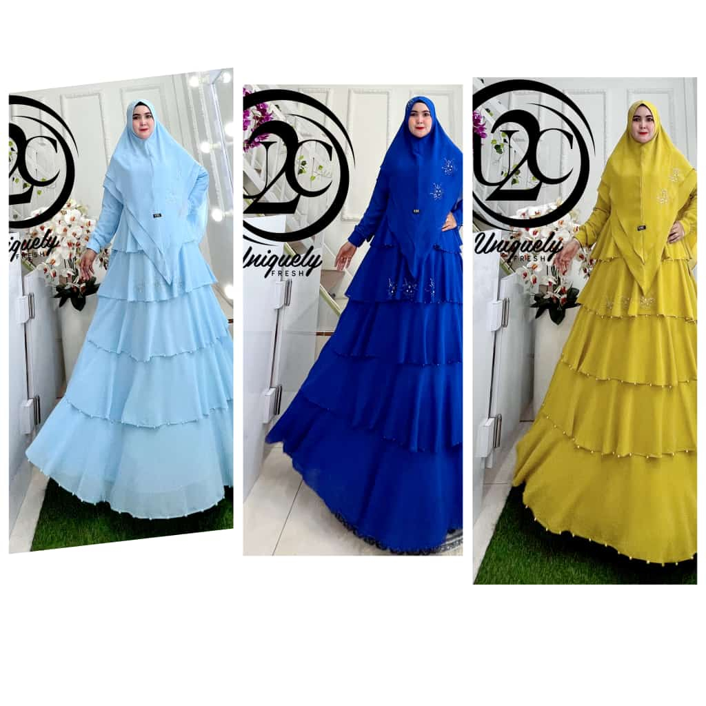 Princess Glowing Premium Dress Set Khimar by U2C | Gamis Susun Payet Biru Muda Elektrik Lime