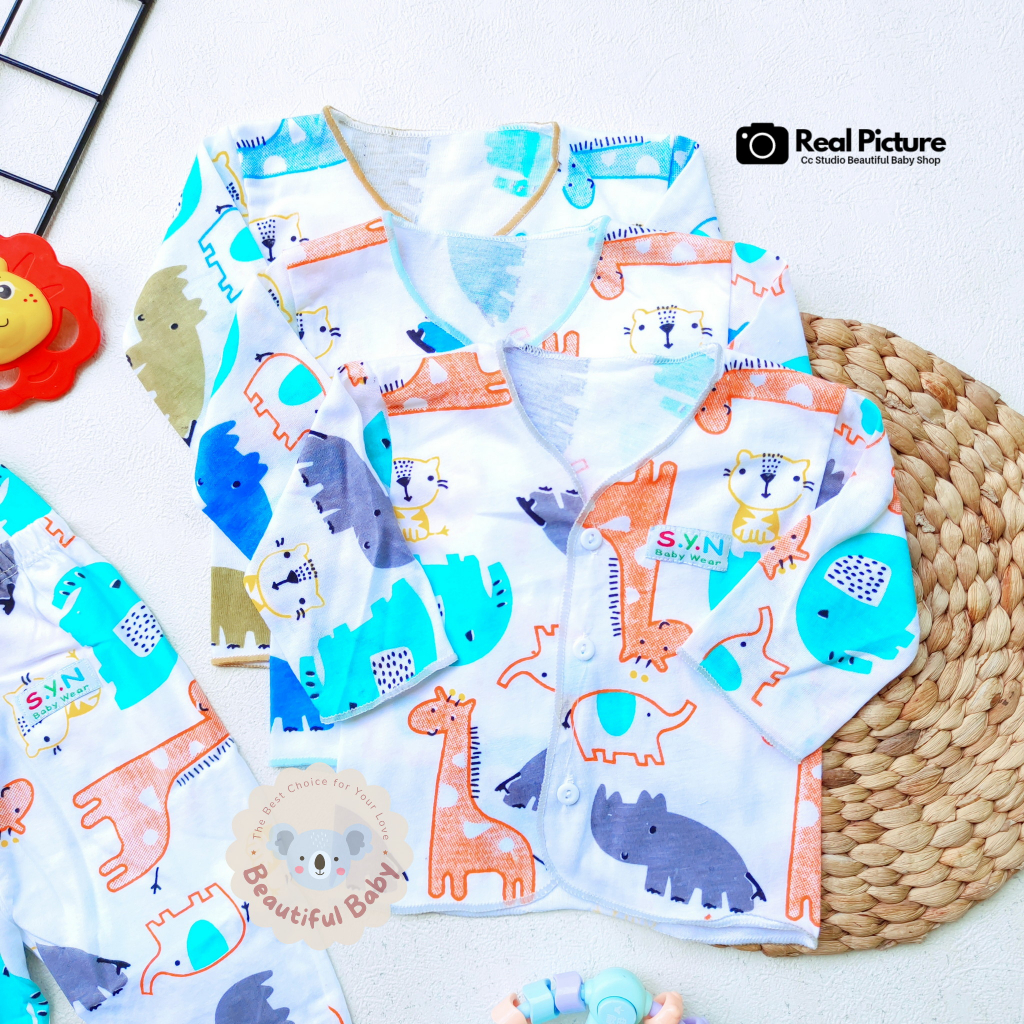 Baby.ou - 3 Stel Setelan Baju Bayi Baru Lahir Tangan Panjang Celana Panjang Usia 0 sd 3 Bulan Motif Elephant - Setelan Baju Bayi Newborn Panjang Abu - Celana Panjang Bayi Baru Lahir