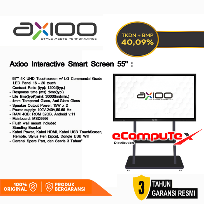 MONITOR LED AXIOO INTERACTIVE SMART SCREEN 55&quot;INCH SMART BOARD + STANDING BRACKET GARANSI RESMI