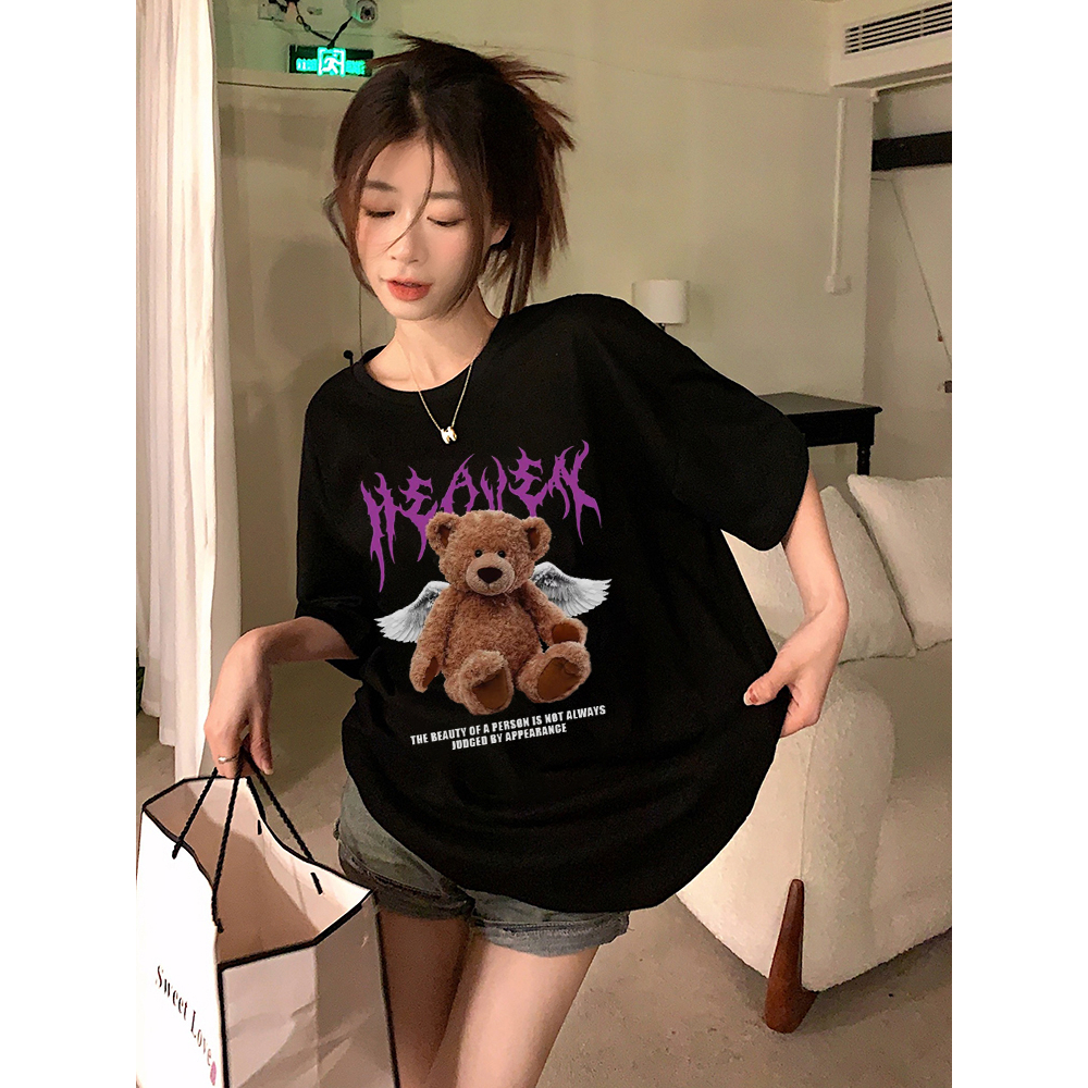 Kaos Atasan Wanita Lengan Pendek Oversize Bear Printed T-shirt Baju Wanita Kekinian Korean Style 001