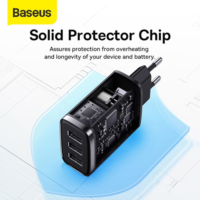 Baseus Adapter Compact Charger 3 USB Port 17W - EU Plug - Six Circuit Protection