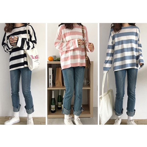 Kaos Lengan Panjang Kerah Kru Wanita Kaos Garis-Garis Longgar