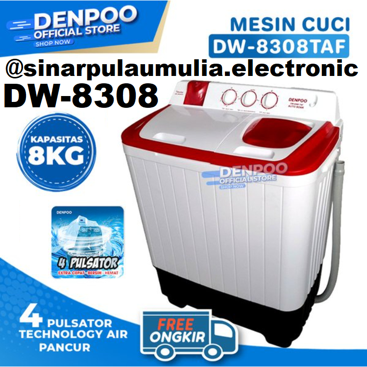 Denpoo Mesin Cuci 8 KG 2 Tabung 4 Pulsator - DW-8308 / DW 8308 / DW8308