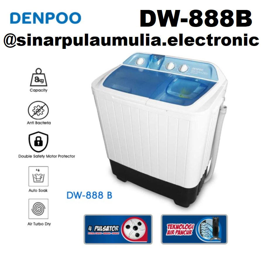 Denpoo Mesin Cuci 8 KG 2 Tabung - DW888B / DW 888 B / 888B / DW888 /  DW-88