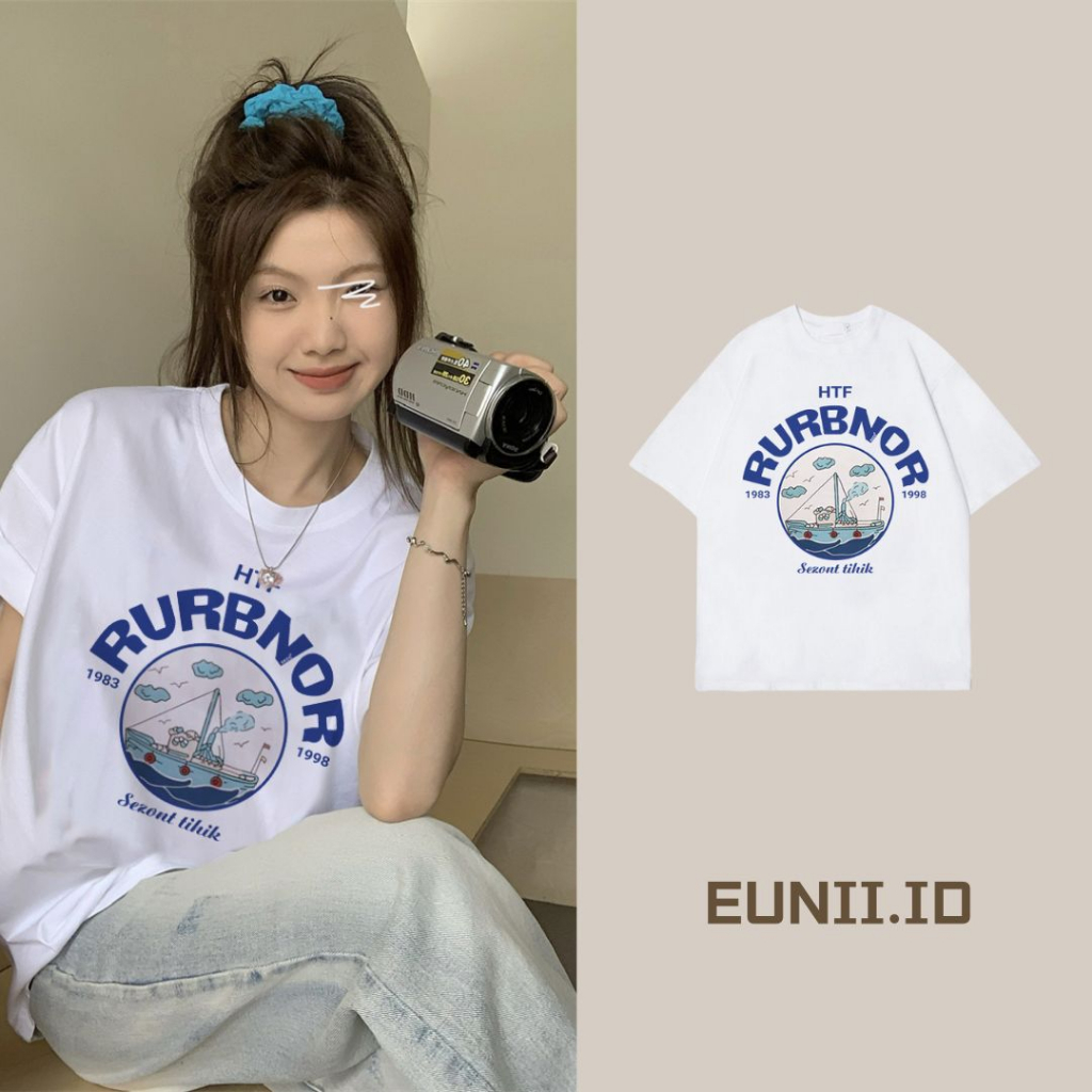 EUNII T-shirt Lengan Pendek Cartoon Sailboat Painting Printing Korean Style/Kaos Atasan Wanita/Baju Wanita/Kaos Wanita