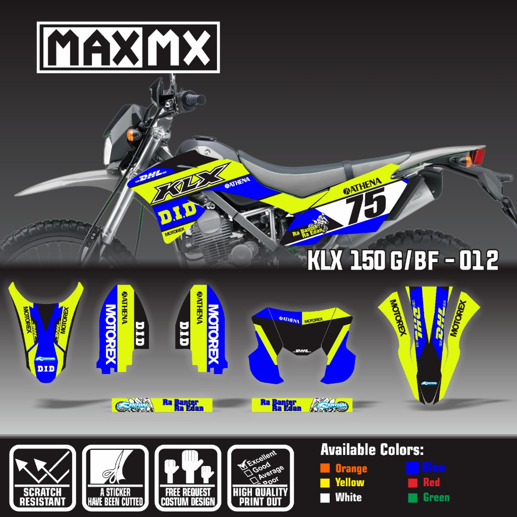 decal decal stiker klx 150 bf dekal stiker variasi striping custom fullbody motif warna biru kuning