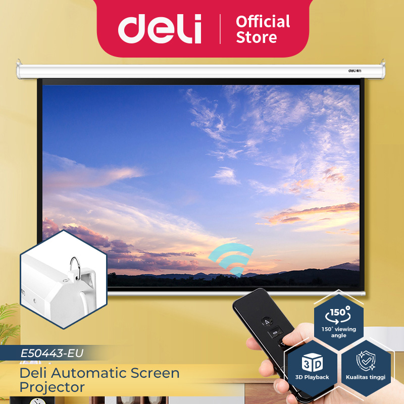 Deli Automatic Screen Projector Layar Proyektor Otomatis 120 inch Dengan Remote Bisa Digantung E5044