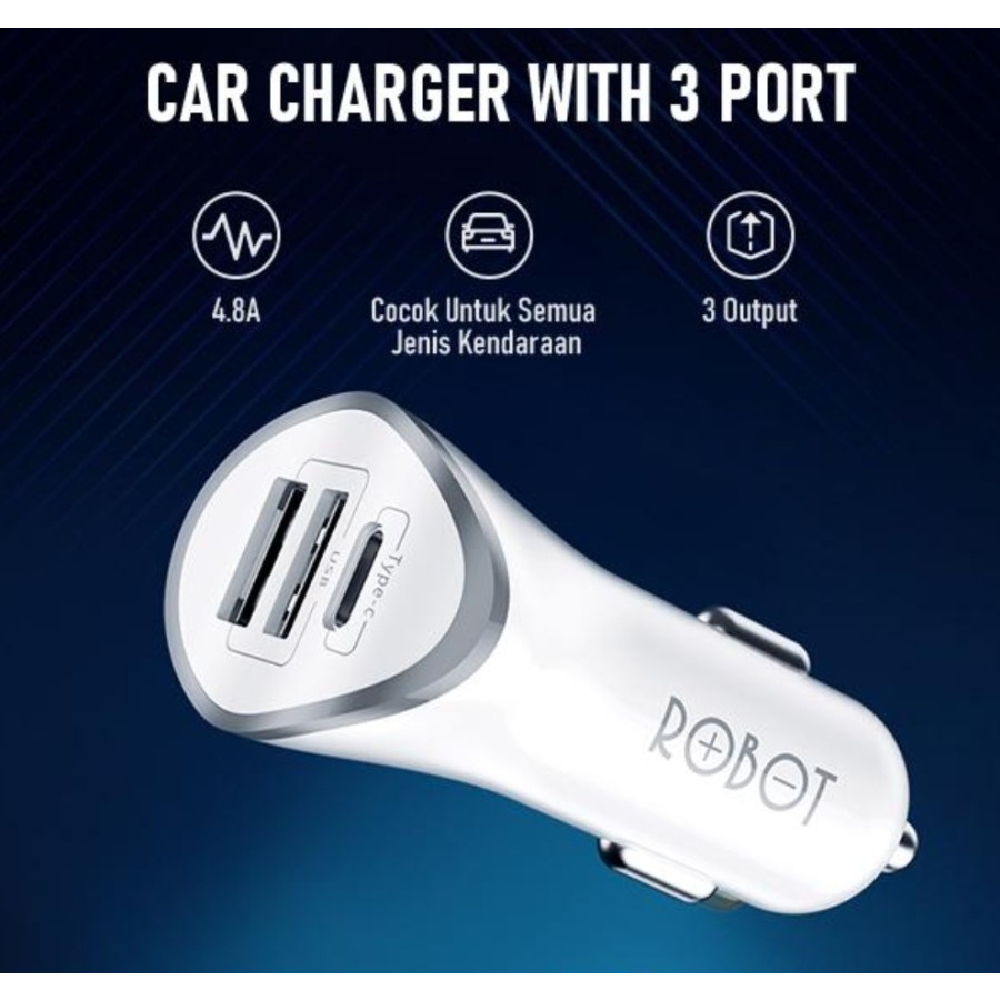 MH - Robot C08 Charger Mobil Type C Dual USB 4.8A Car Charger 3 Port