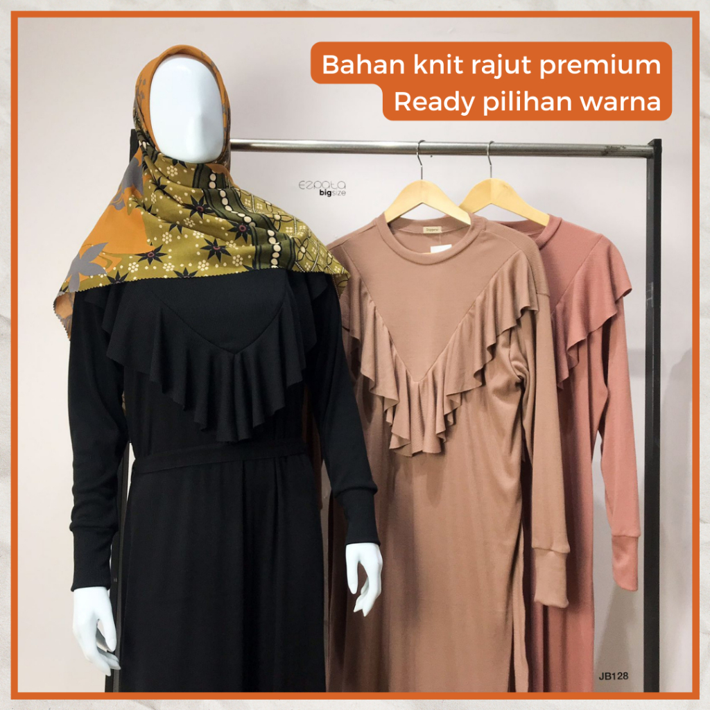 Ezpata Gamis Wanita Ruffle Polos Jumbo Knit Rajut Premium LD 120cm Bigsize Lengan Panjang Ikat Pinggang Kekinian Termurah