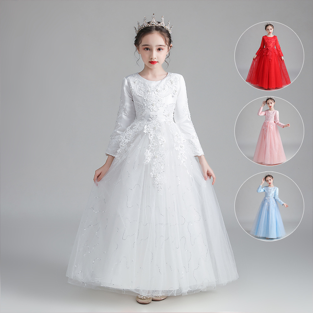 GAUN PESTA PUTIH FORMAL BERLENGAN PANJANG DAN ROK PANJANG ANAK KOMUNI