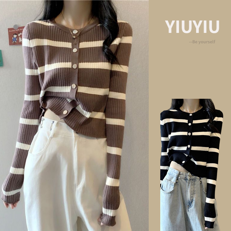 YIU YIU Rajut - Korea Cardigan Rajut Crop Stripe Sweater Cardigan Lengan Panjang