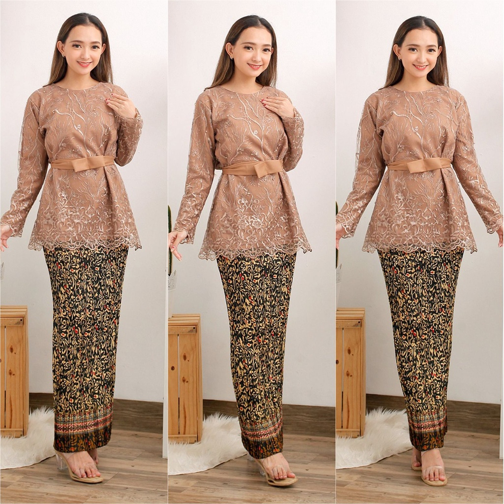 Set Paket Kebaya Manohara Mewah dengan Bahan Brukat Tile Bordir, Mutiara, dan Glitter Tebal Warna Co