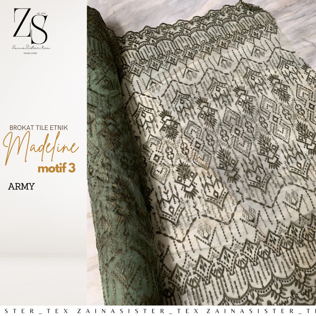 1/2 meter Kain Bahan Kebaya Brokat Brukat Tile Etnik Madeline Motif 3 Warna Hijau Army Green