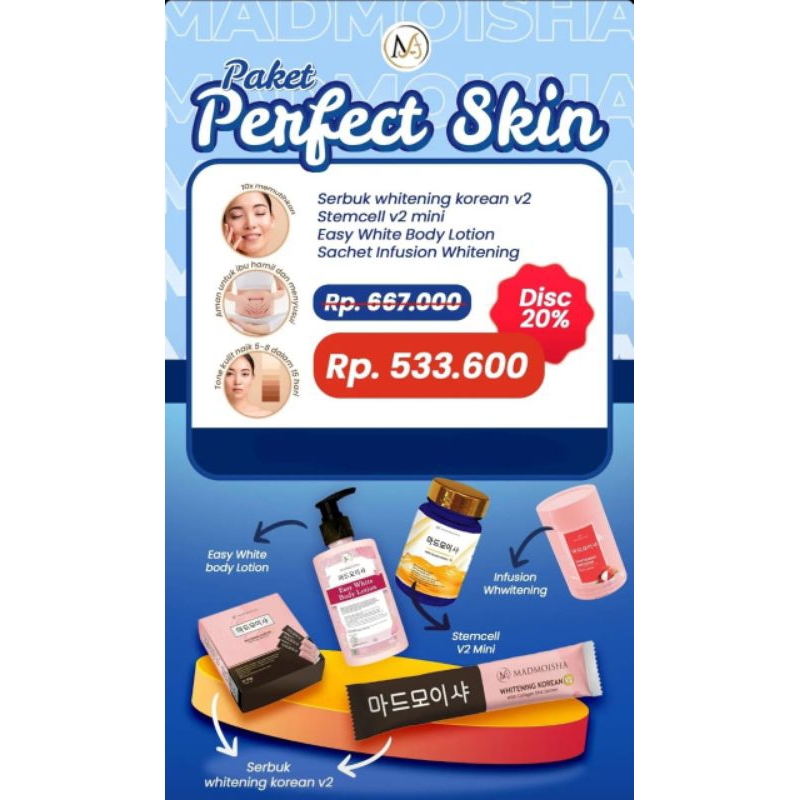Paket Perfect Skin isi 4 macam Serbuk Korean Whitening V2, stemcell v2, Easy white body lotion, whit