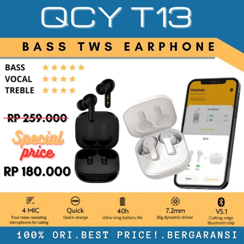QCY T13 Bass TWS Earphone 4 Mic ENC Clear Calls Hifi Sound Wireless Headset Original