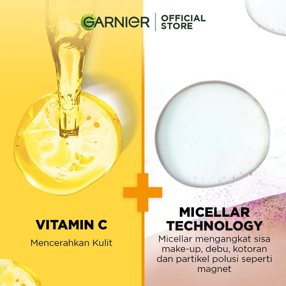 Garnier MICELLAR WATER Vitamin C Kuning 400 ml / 125 ml - Skincare Pembersih Wajah &amp; Makeup Untuk Kulit Lebih Cerah - Micelar Water Make Up Ukuran Besar Kecil