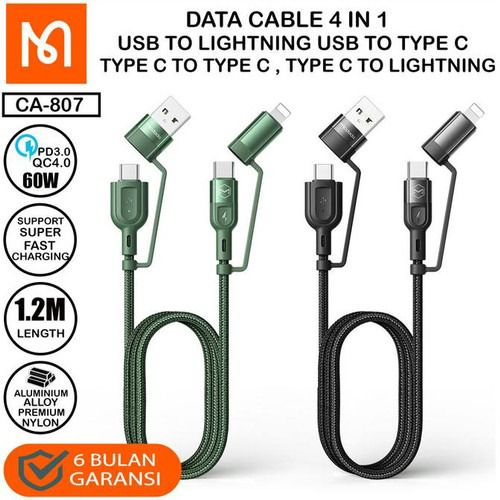 MCDODO CA-807 Kabel Data Charger USB To Type C + Type C To Lightning + Type C To C 3A PD 60W 4IN1 Mode Charge Fast Charging