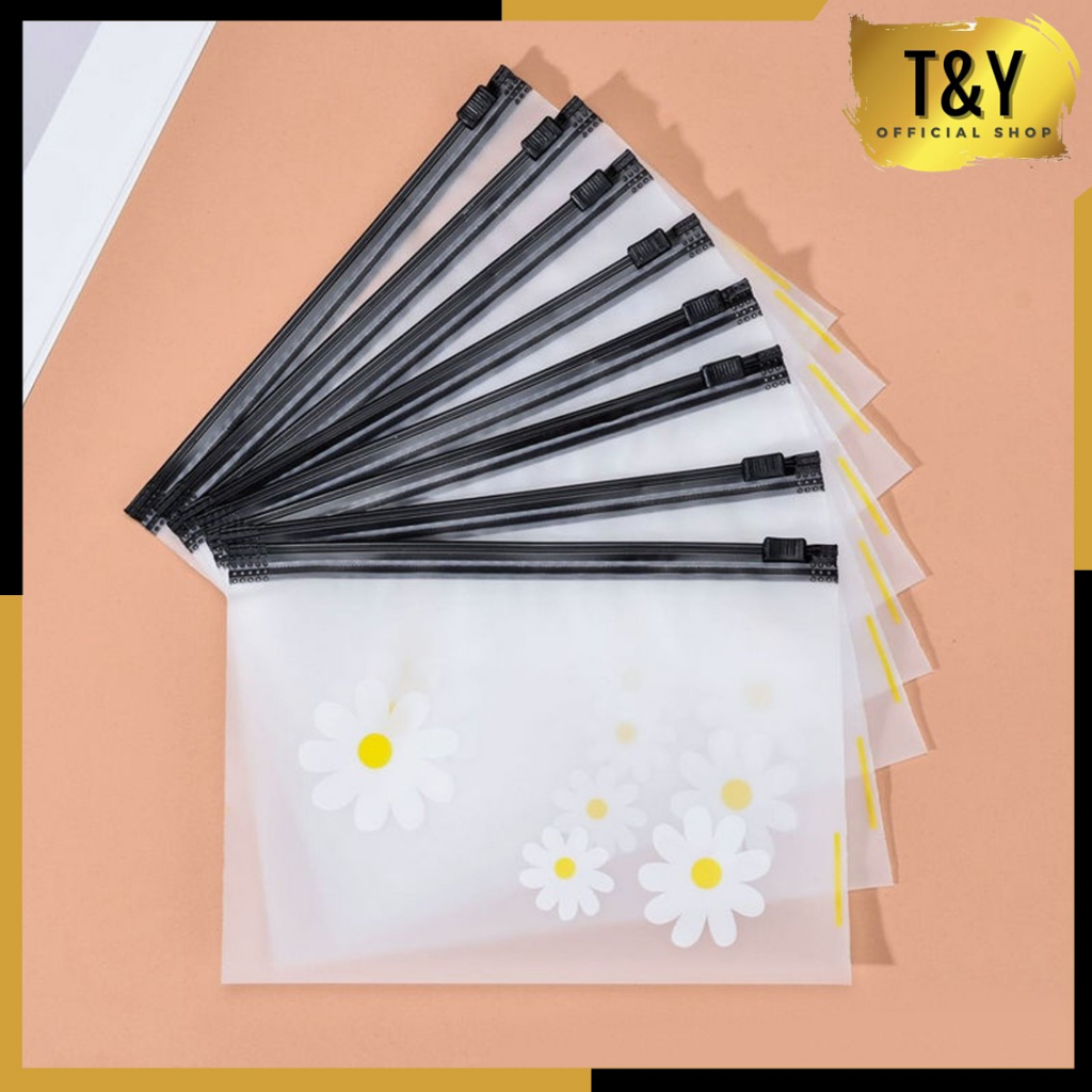 T&amp;Y Zipper Bag Organizer Transparan Doff Motif Bunga Daisy Pouch Masker Transparan Karakter Little Chick Zipper Lock Tempat Pensil Wadah Kosmetik Masker Serbaguna