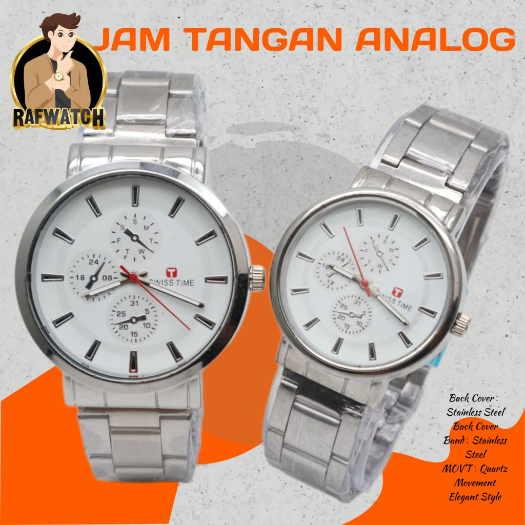 Jam Tangan Pasangan Pria Wanita Analog Casual Rantai Stainless Hitam Silver RPA2