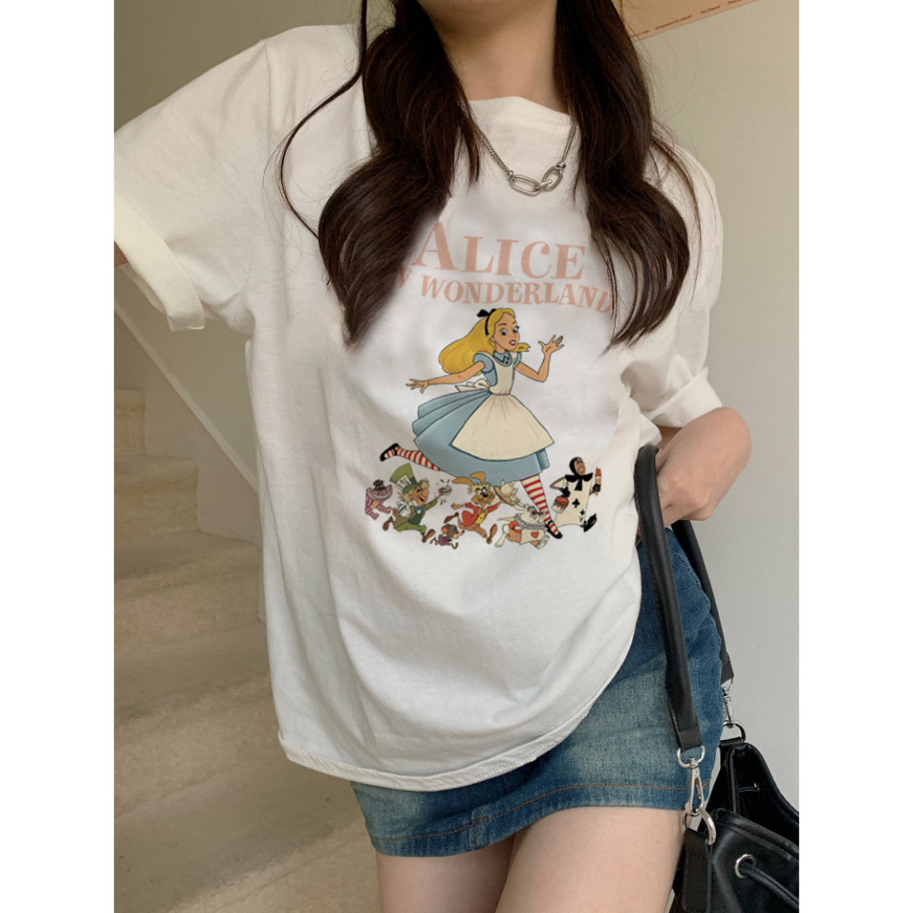 baju kaos wanita lengan pendek/fairy tales alice motif printed import oversize kaos korea wanita