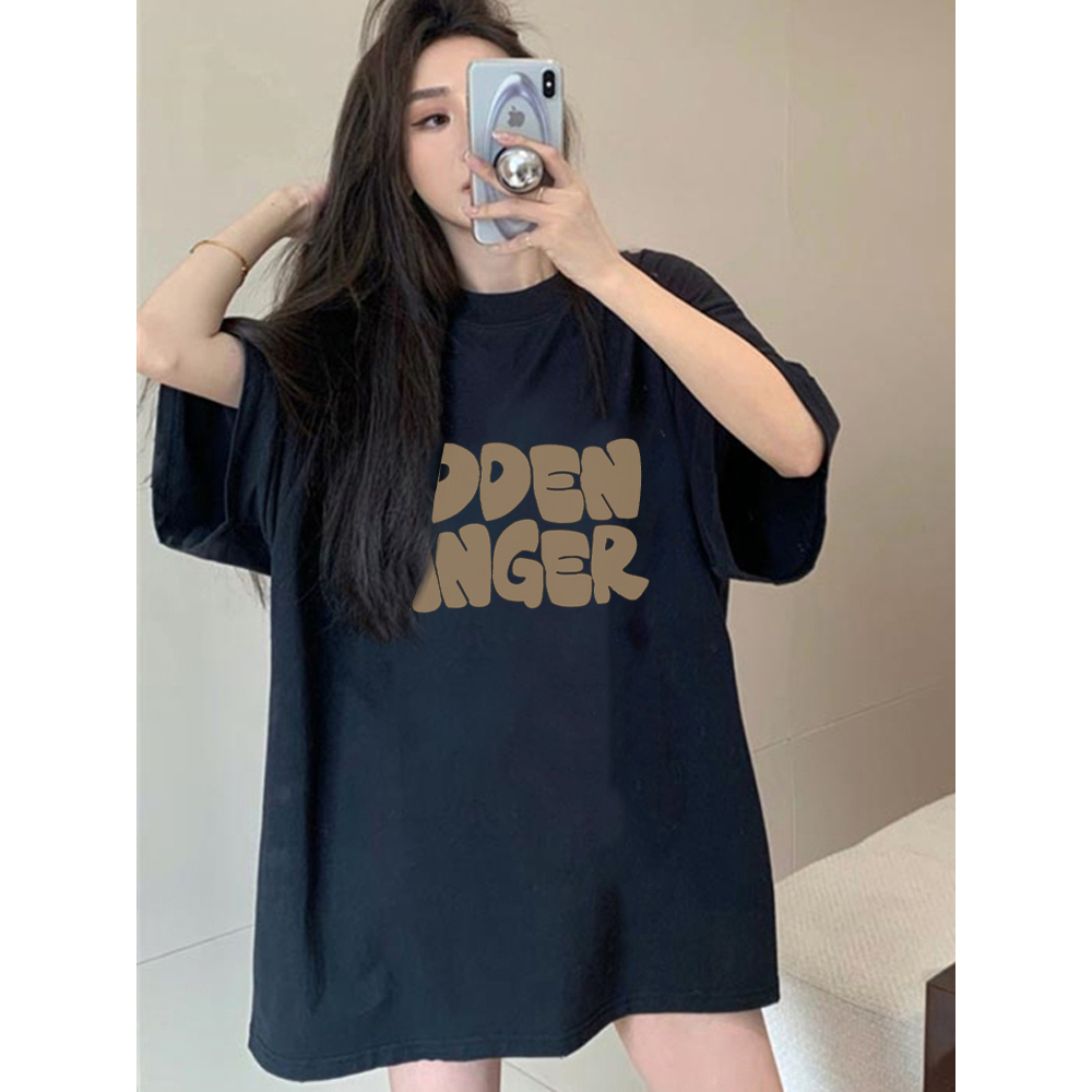 T-shirt Lengan Pendek Letter Pencetakan Longgar Korean Style /Baju Kaus Oversize Wanita/Baju coklat