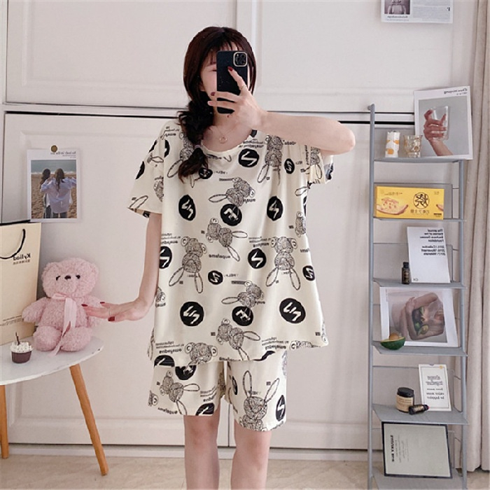 Onetset Setelan Smile Pakaian Wanita Baju Tidur Wanita Import Piyama Lengan Pendek Motif Kartun Fit to XXL terbaru Motif Print