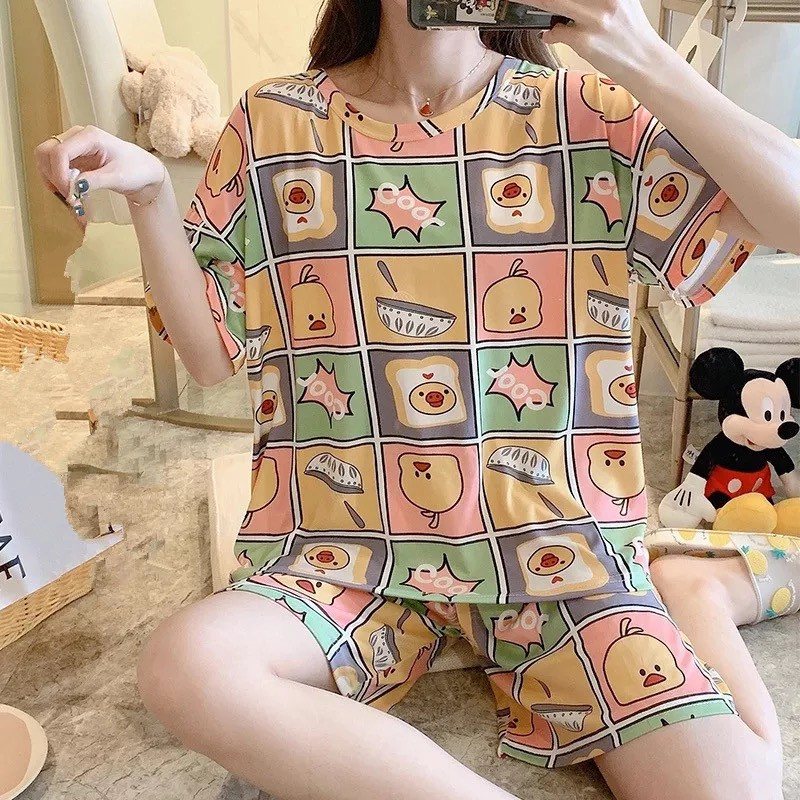 Onetset Setelan Smile Pakaian Wanita Baju Tidur Wanita Import Piyama Lengan Pendek Motif Kartun Fit to XXL terbaru Motif Print