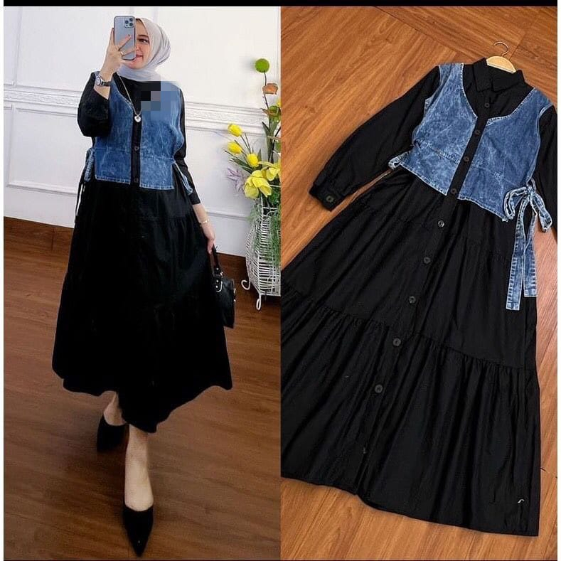 ZEBI FASHION - MAYRA SET Bahan Crinkle Airflow Mix Jeans Rompi Gamis Wanita Remaja 2023 Baju Perempu