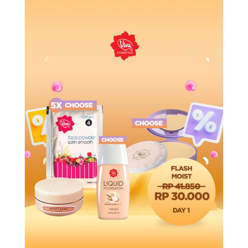 Paket 5 Viva Bedak Zak Mini 1 Viva Compact Lilac 1 Viva Moist Cream 1 VQ Liquid Foundation