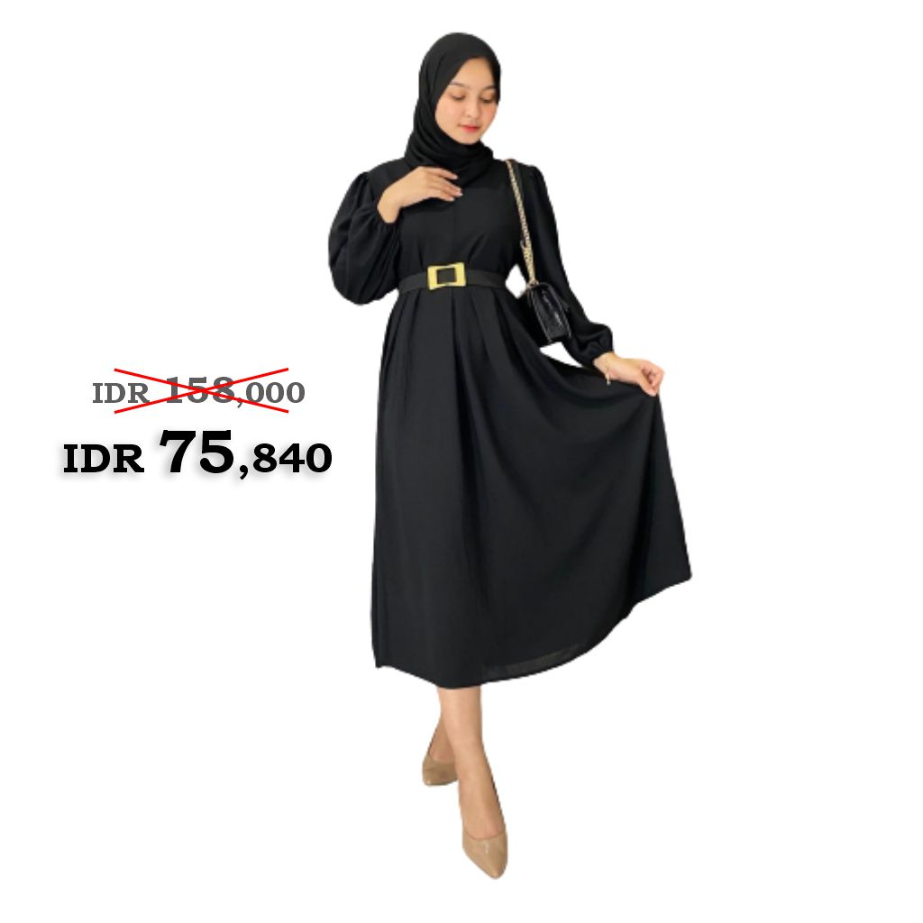Midi Dress Crinkle Muslim Wanita Kekinian Terbaru 2023 Polos Hitam Free Belt
