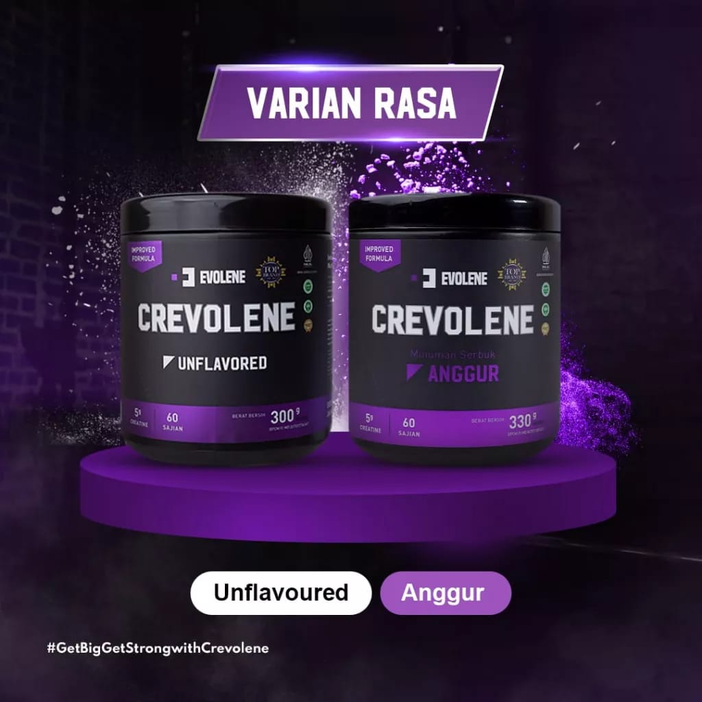 Evolene Crevolene Evo Creatine Kreatin Creatin Bubuk BPOM HALAL 300 gram CREVOLEN CREVOLINE EVOLEN EVOLINE EVOLIN RASA ANGGUR GRAPE MONOHYDRATE MICRONIZED