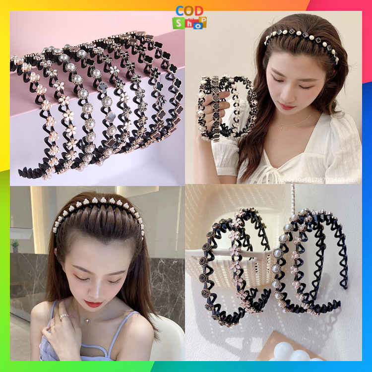 COD - F5820 2in1 Bando Include Jepit Rambut Fashion Korea Pola Mutiara / Bando Rambut Kepang Korea Mutiara Kristal Headband