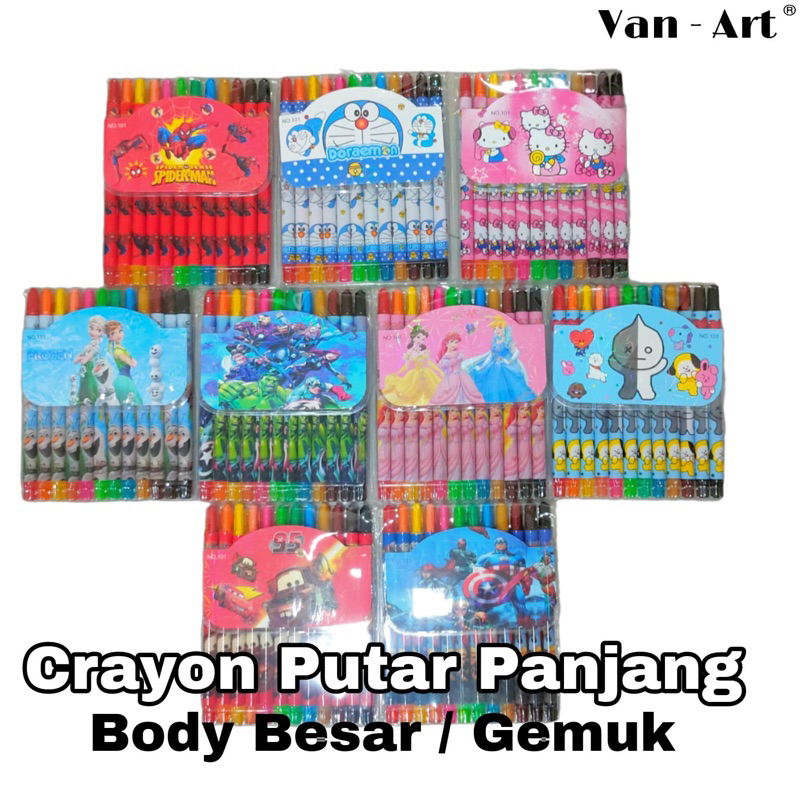 

(BODY GEMUK 12 WARNA) Crayon putar 12 warna panjang, 12 colour twist crayon cute character, alat menggambar
