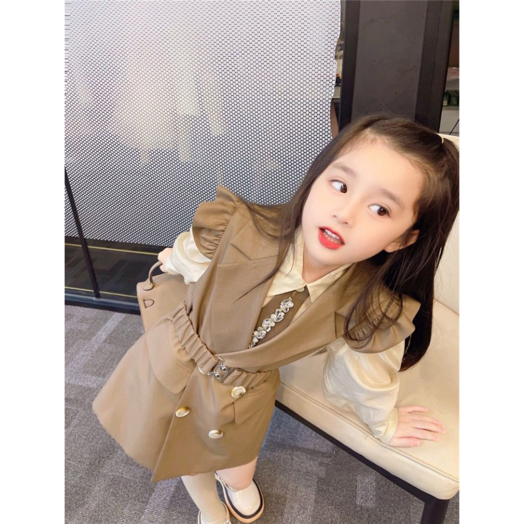 Dress Anak Perempuan Motif Rompi Coklat Belt Dasi Bunga Diamond