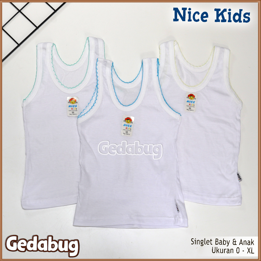 3 Pcs - Singlet Anak NICE Kids | Kaos dalem Polos warna dasar Putih | Gedabug