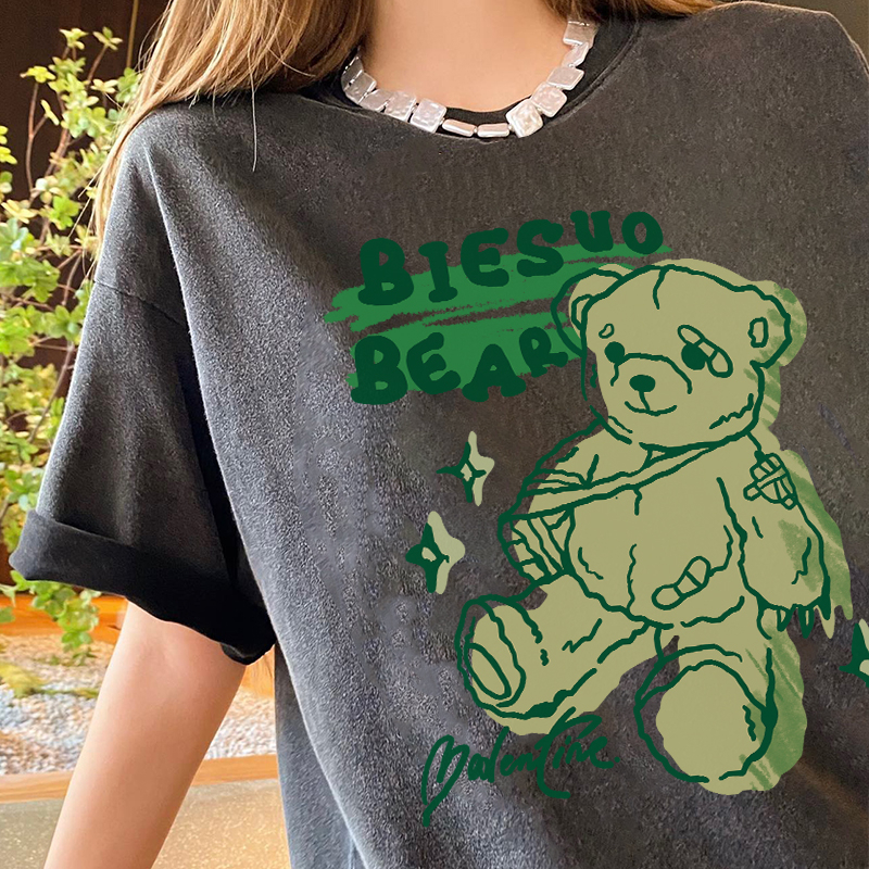 Print T-shirt Kaos Lengan Pendek Cartoon BIESUO Bear Oversize Atasan Wanita Korean Style