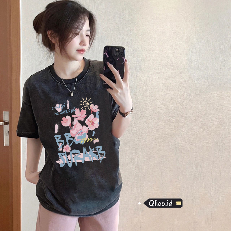 Print Washed T-shirt Kaos Lengan Pendek Oversize Cartoon Cherry Blossoms Korean Style Atasan Wanita