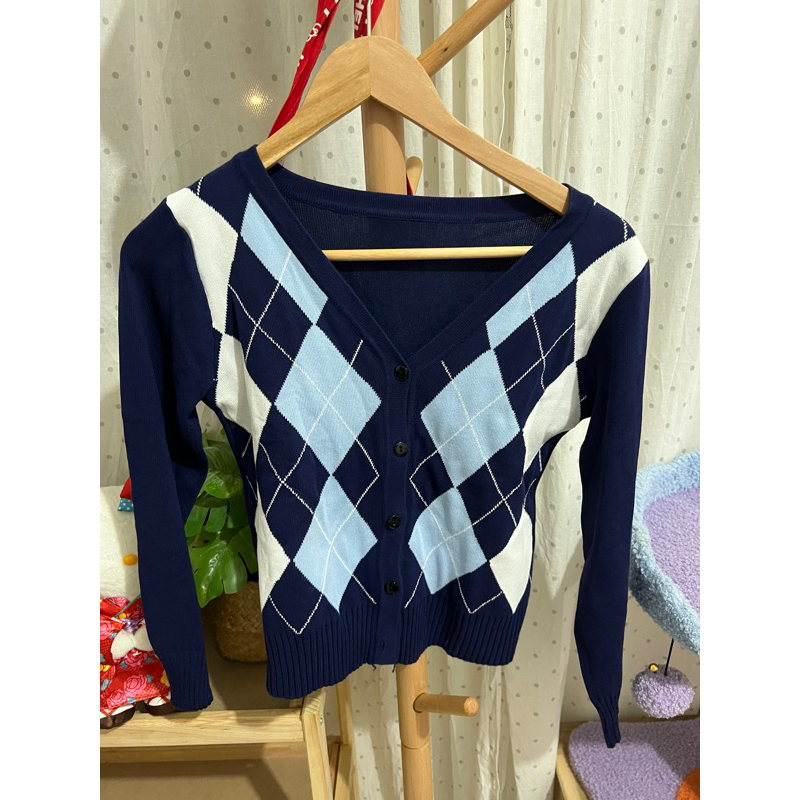 korean navy plaid cardigan