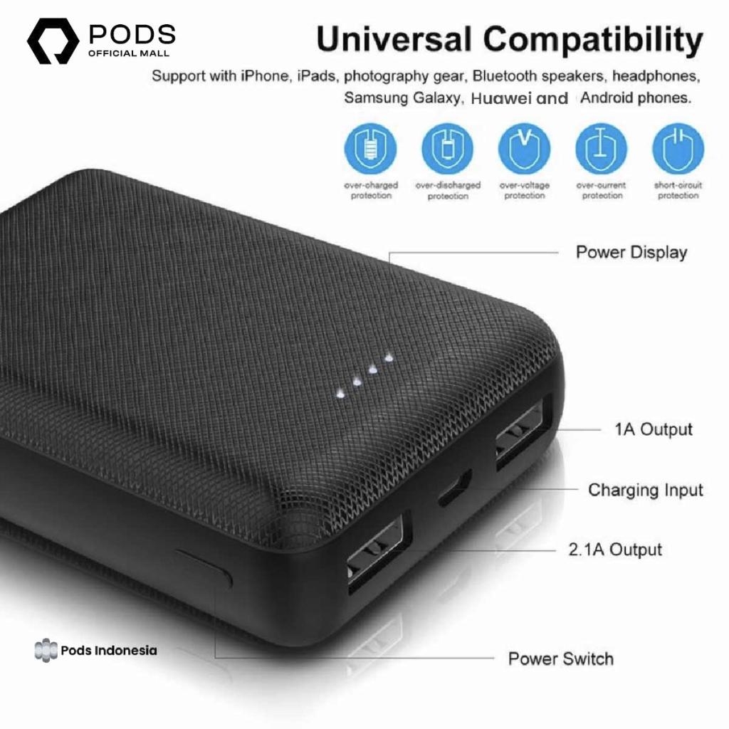 SMART Powerbank Dual USB Quick Charging 10.000 mAh / 2.1 A for IOS IPhone Android by Pods Indonesiaa