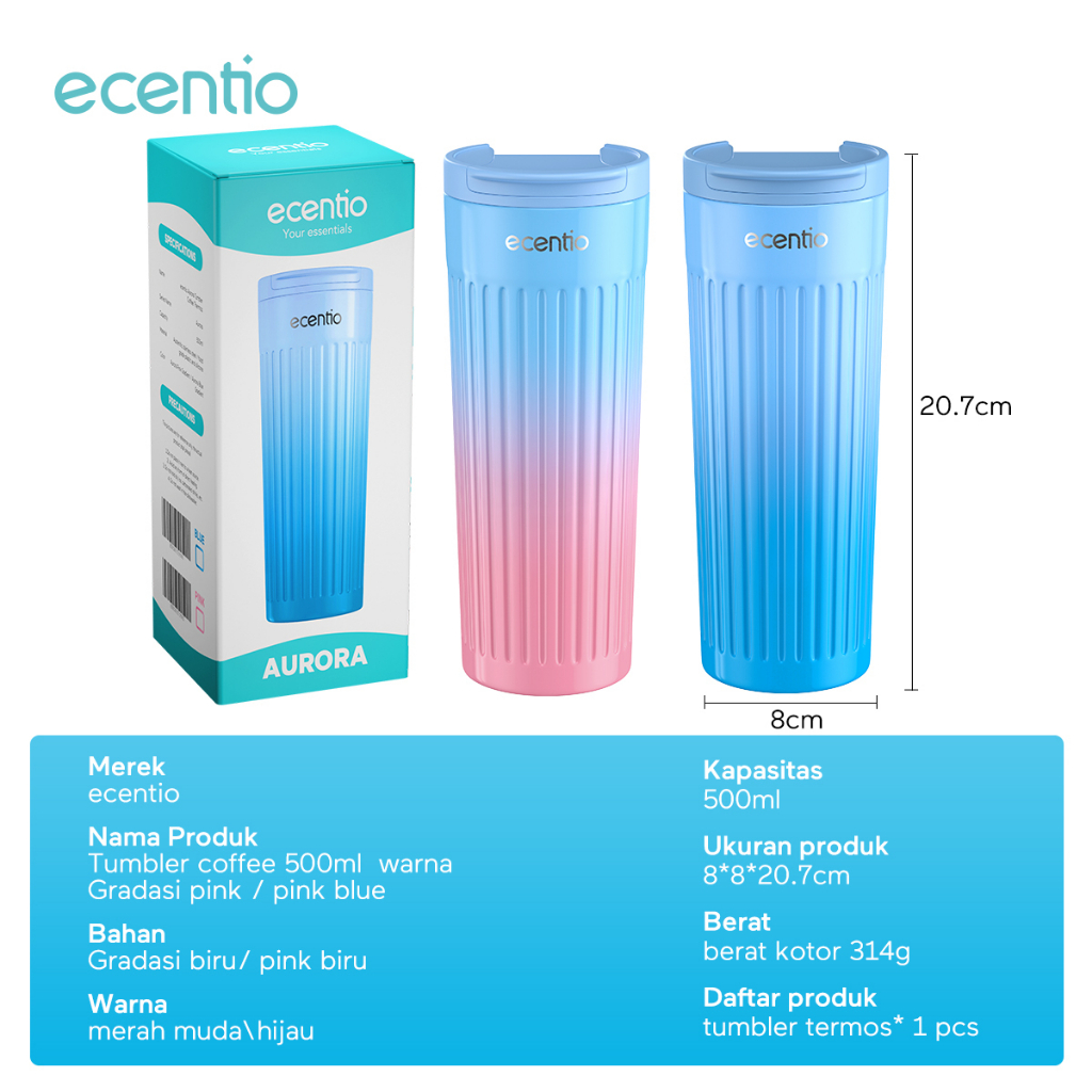 ecentio &amp; FOODI Tumbler Termos 304 Stainless steel Minum 500ml Anti Tumpah cold/Thermos botol minum cooling