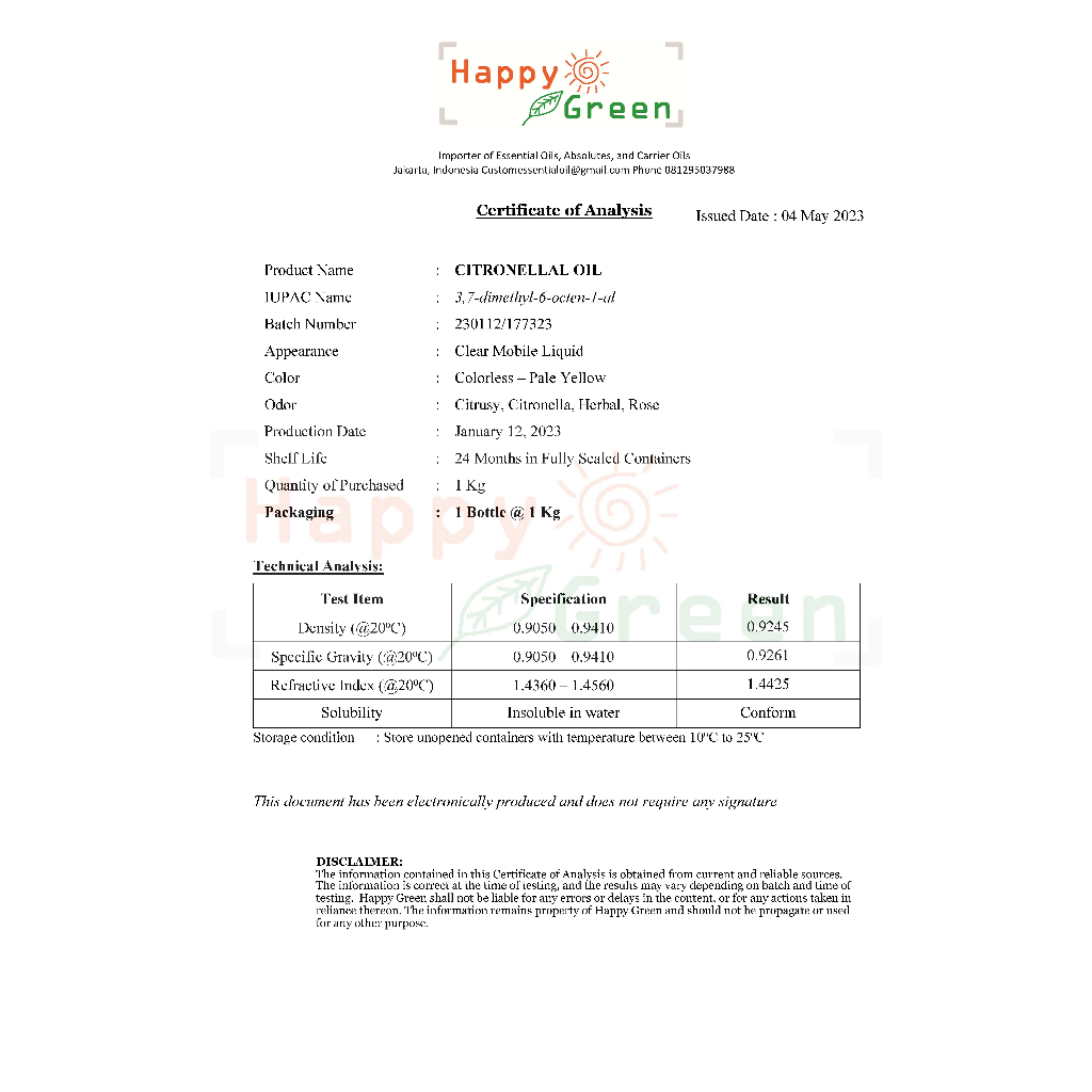 Happy Green Citronellal Oil - Rhodinal Bahan Fine Perfume Grade