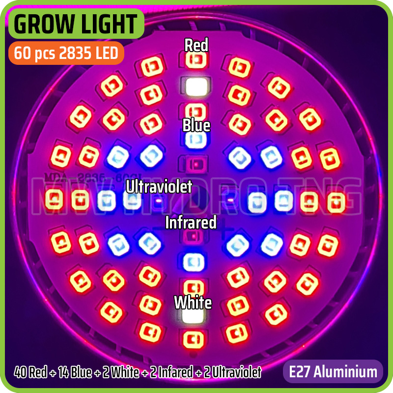 LED Plant Grow Light, E27 Aluminium Case, 60 pcs 2835 SMD LED (Red + Blue + White + Infrared + Ultraviolet) - Lampu Tumbuh Tanaman