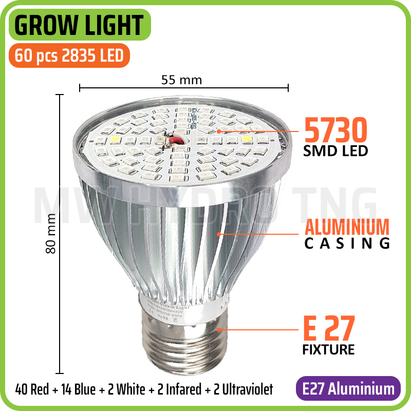 LED Plant Grow Light, E27 Aluminium Case, 60 pcs 2835 SMD LED (Red + Blue + White + Infrared + Ultraviolet) - Lampu Tumbuh Tanaman