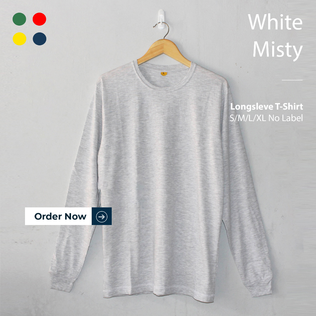 KAOS POLOS PUTIH WHITE MISTY PRIA WANITA LENGAN PANJANG UKURAN S-XL BAHAN TWOTONE 30S ORGINAL