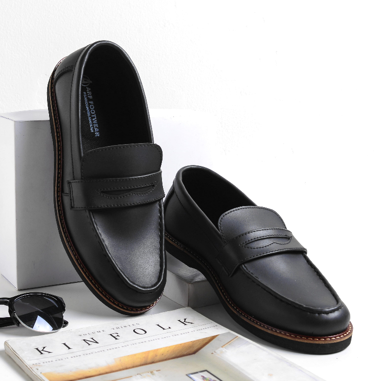 Sepatu Pantofel Pria Loafer Kerja Kantor Formal Kasual Pesta Kondangan Bahan Kulit Original Arf Black Alp