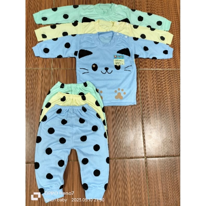 Setelan Baju Bayi Panjang Kancing Pundak Motif Kucing Garis