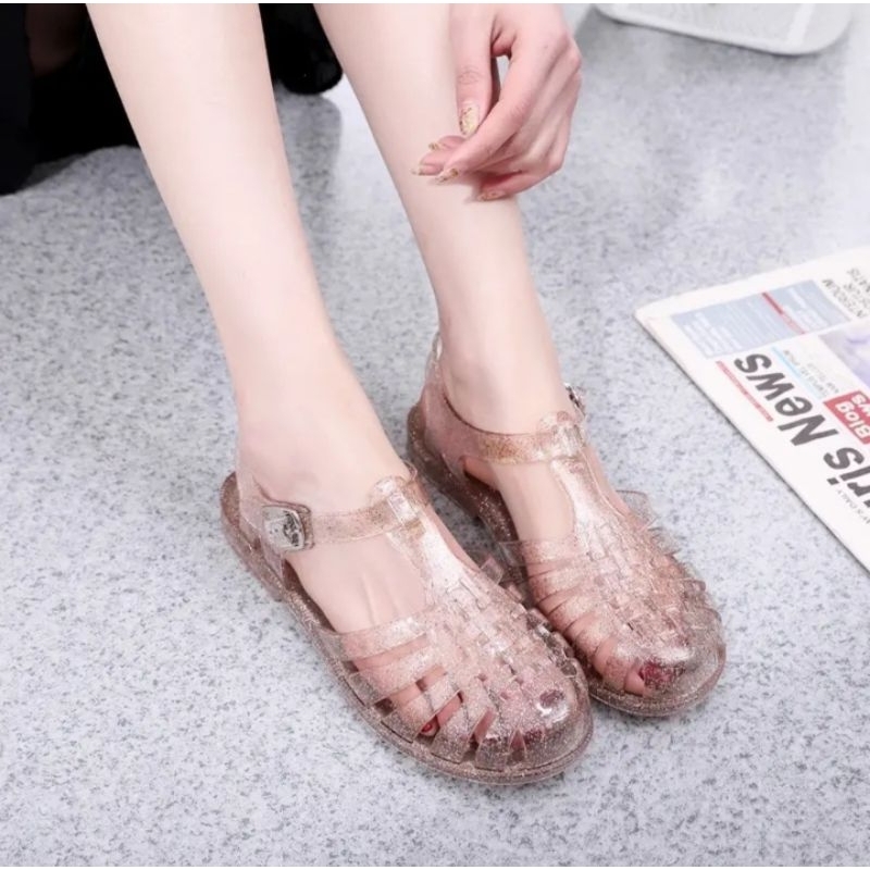 Sandal Jelly Transparant Glitter/ Meisha Jelly Shoes Dewasa/ Sandal Jelly Wanita Import