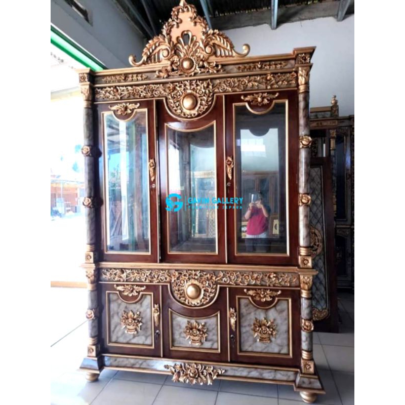 Lemari Hias Kaca Lemari Pajangan bufer hias Kayu Jati Lemari Hias Bulan Natural Salak Kombinasi Marm