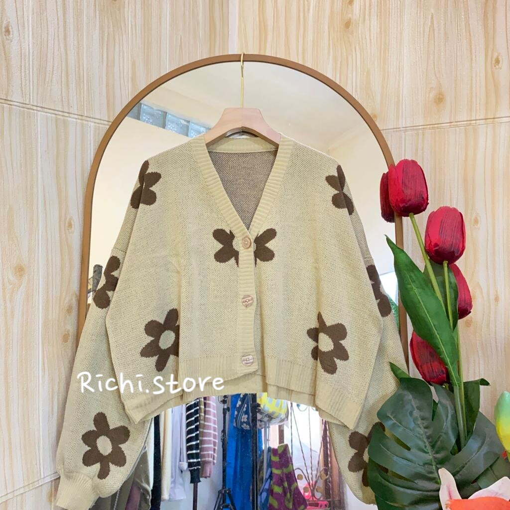 NADYA CROP CARDIGAN OVERSIZE RAJUT WANITA MOTIF BUNGA FULL KANCING