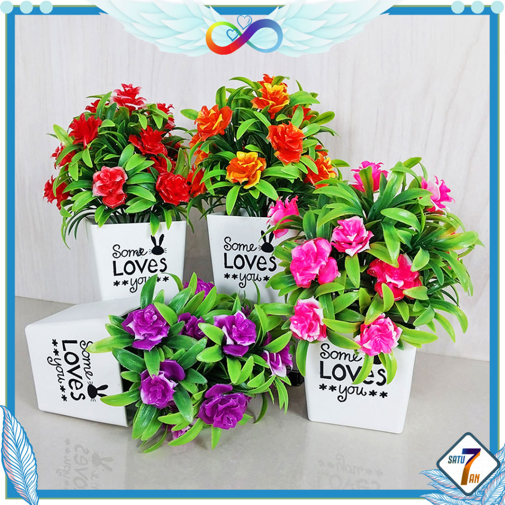 Satu7an PBP12 BUNGA MAWAR PLASTIK PALSU + POT BUNGA DECORATION FLOWER ROSES ARTIFICIAL